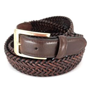 Mens Vintage Brown Leather Woven Belt Brass Buckle Preppy Heritage Classic 48